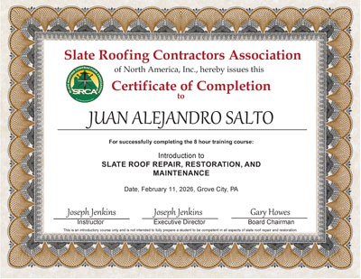 Alejandro Salto Certificate of Completion for the Slate Roof Repair class of February 11, 2026 - Taught by Joe Jenkins in Grove City, PA.