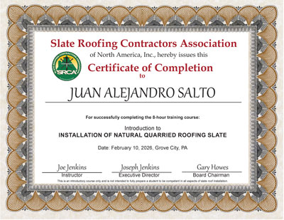 Alejandro Salto Certificate of Completion for the Slate Roof Installation class of February 10, 2026 - Taught by Joe Jenkins in Grove City, PA.